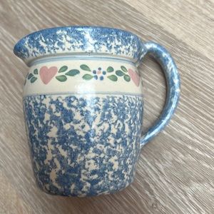 Vintage East Texas Marshall Pottery Blue Pink Heart Spongeware Pitcher 4.5"